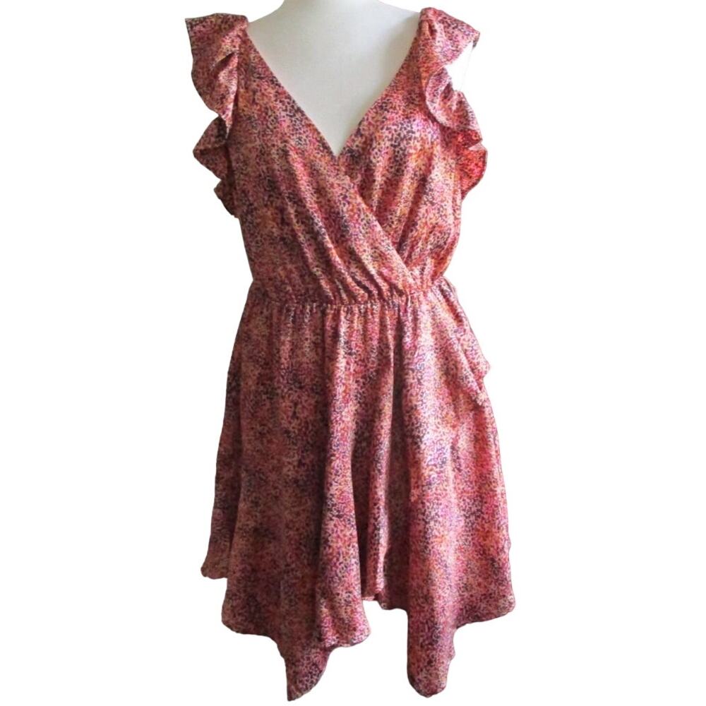 Express Pink Abstract Print Ruffle Faux Wrap Dress Size S/M - Picture 17 of 17